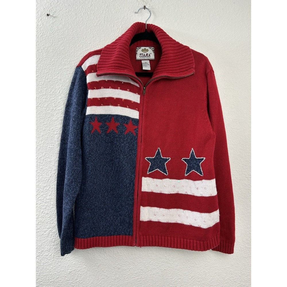 Tiara Womens Sz M Patriotic Sweater Stars Stripes Full Zip Flag USA‎ Vintage Red